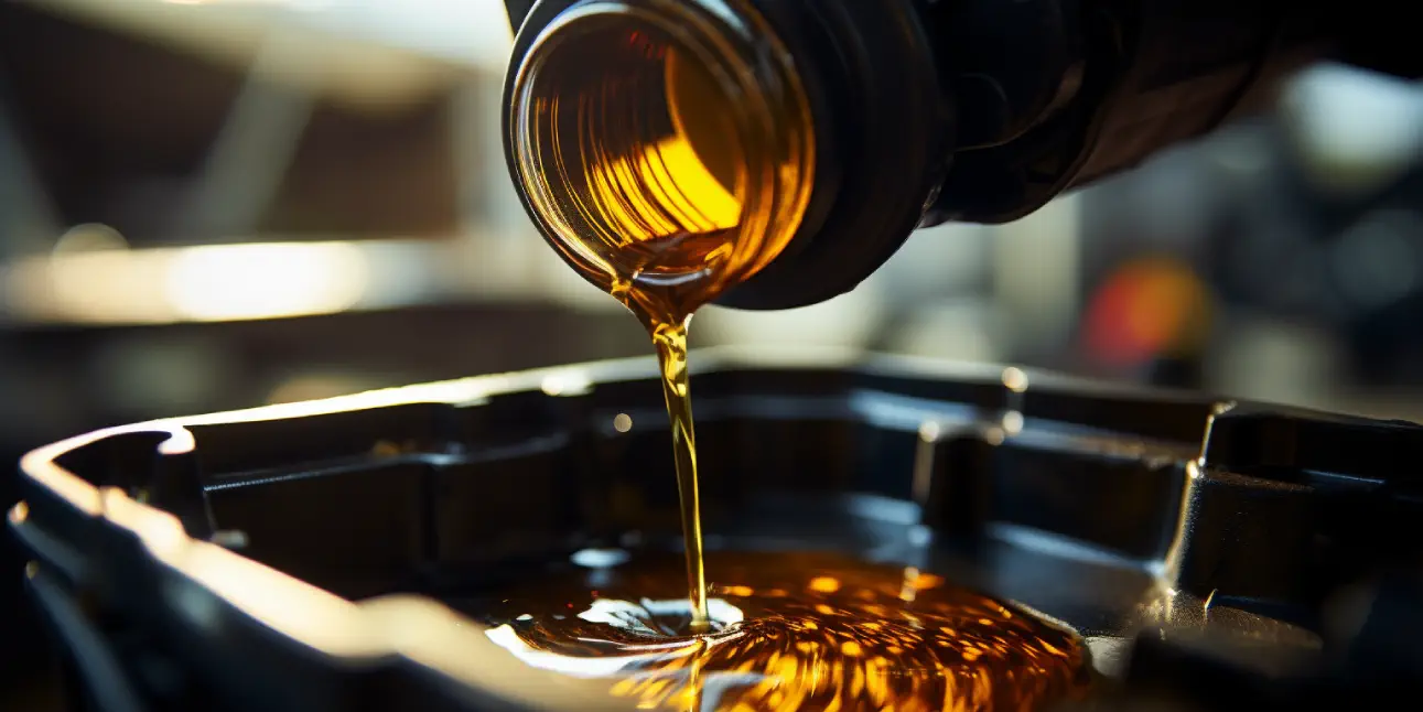 Oil being poured into a funnel for an oil change on a car